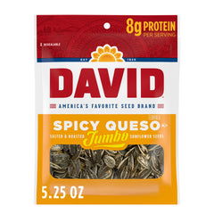 DAVID front packaging of spicy queso jumbo sunflower seeds showing branding and size