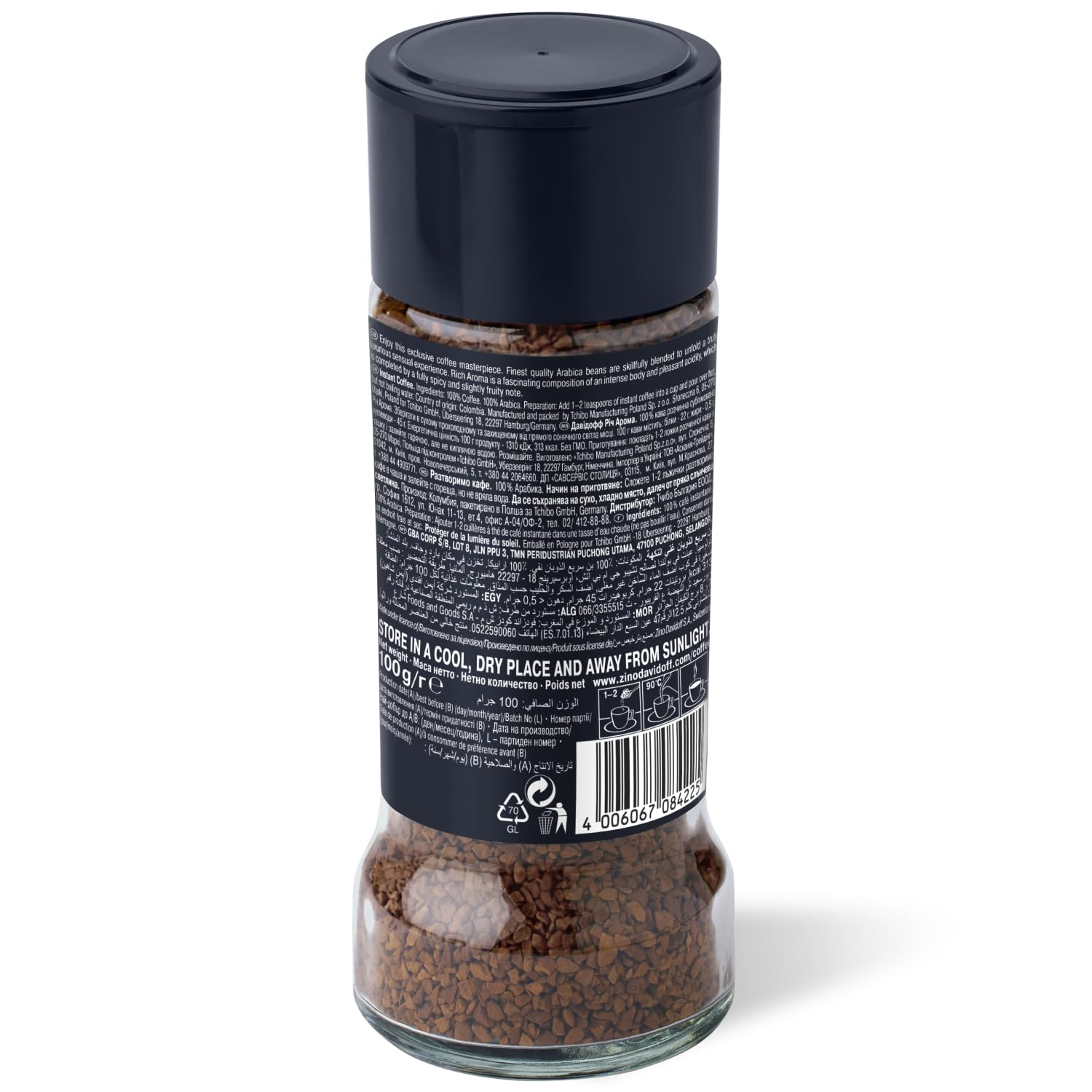 Davidoff jar open with instant granules visible, highlighting convenient use
