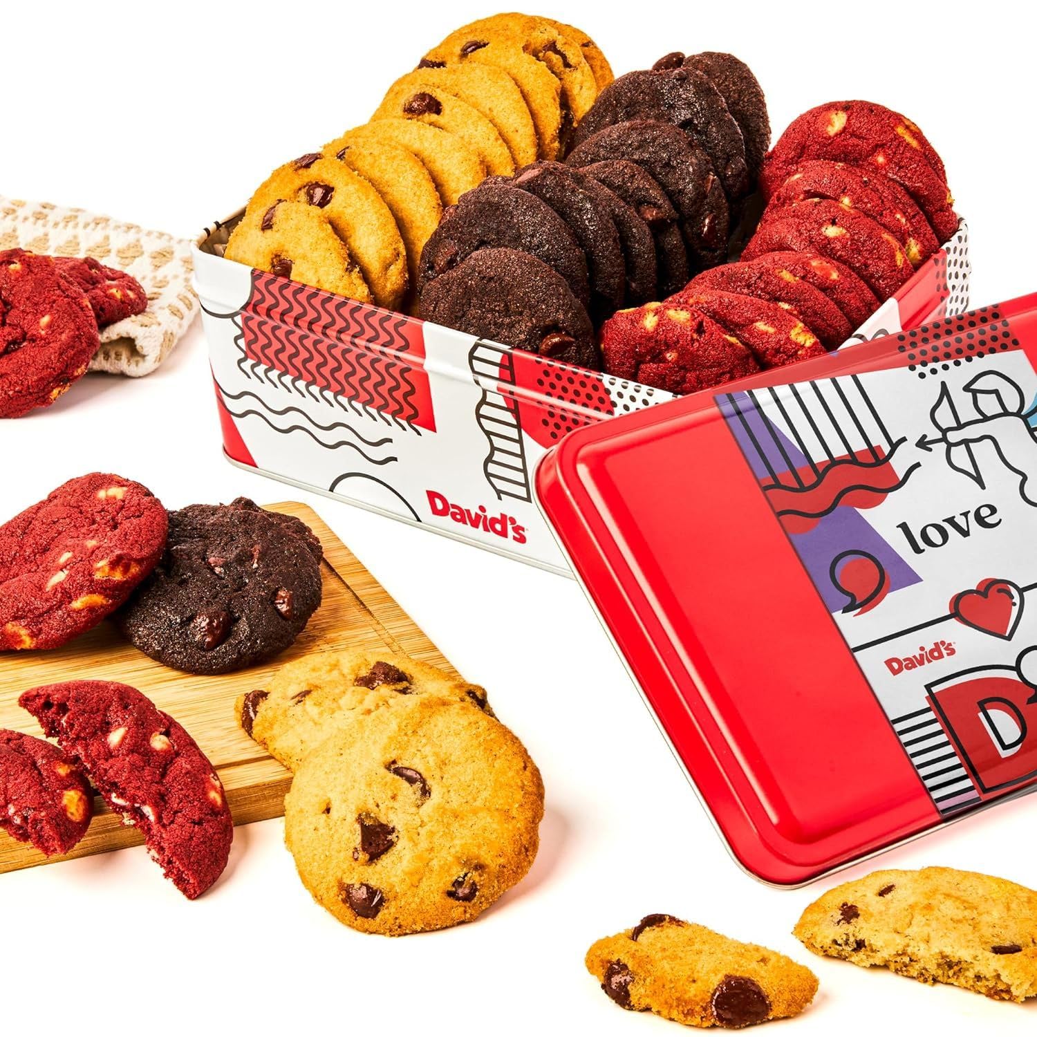 David's COOKIES love tin front view showing decorative gift-ready packaging and freshness benefit