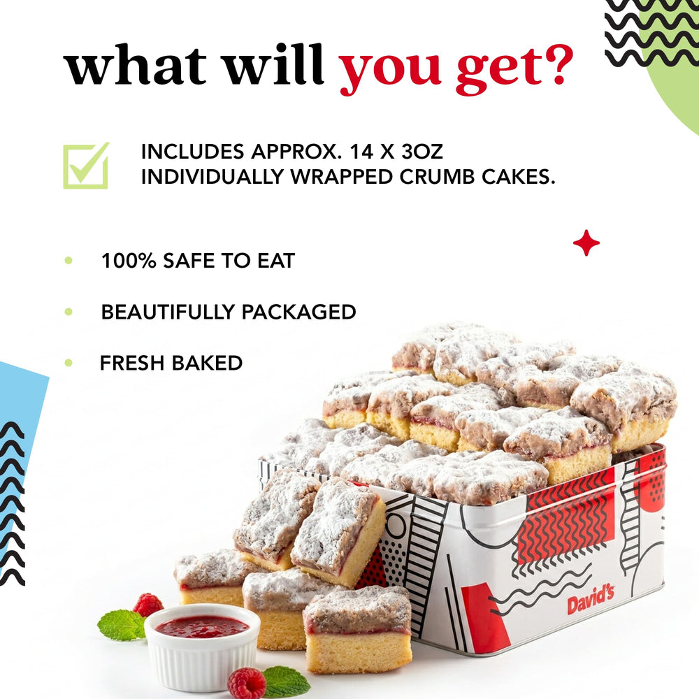 David's COOKIES open tin displaying 14 assorted crumb cake pieces for easy selection