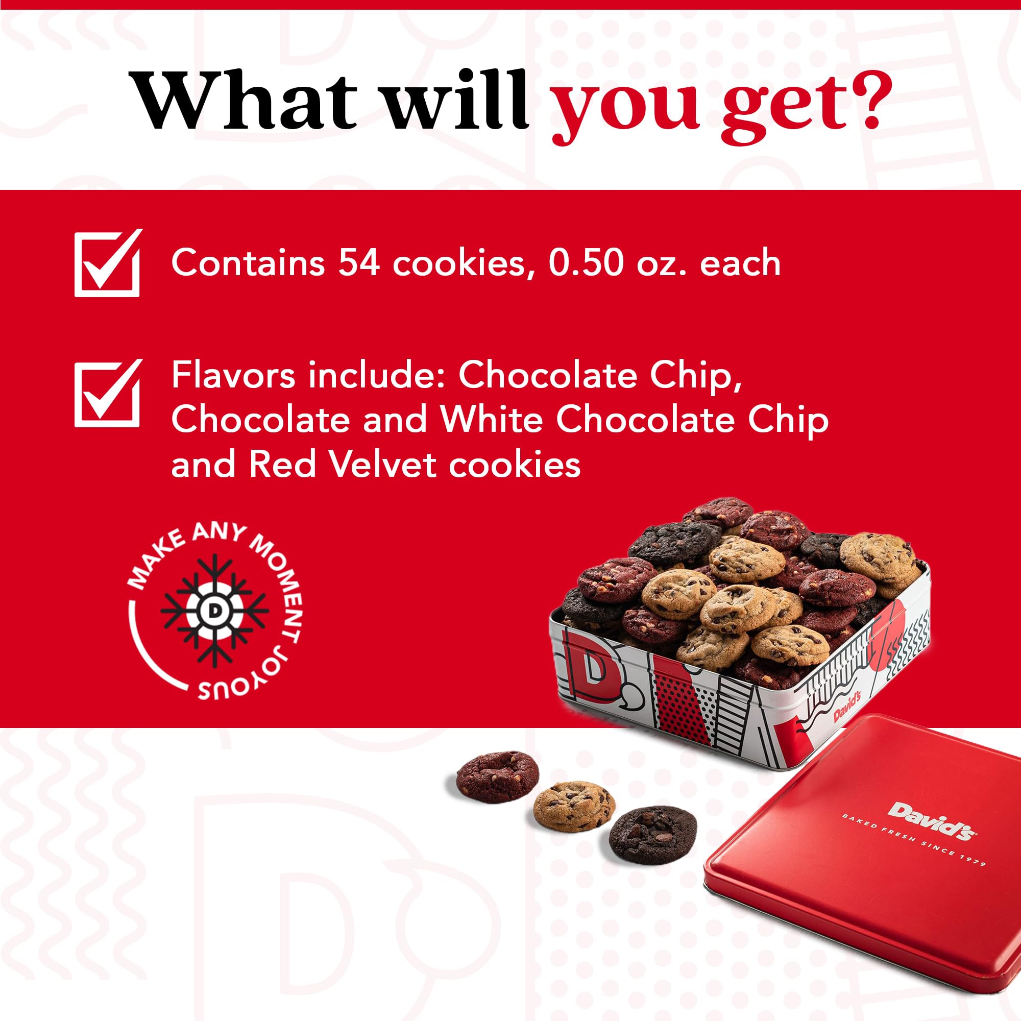 David's COOKIES open tin with assorted minis ready to serve for gatherings