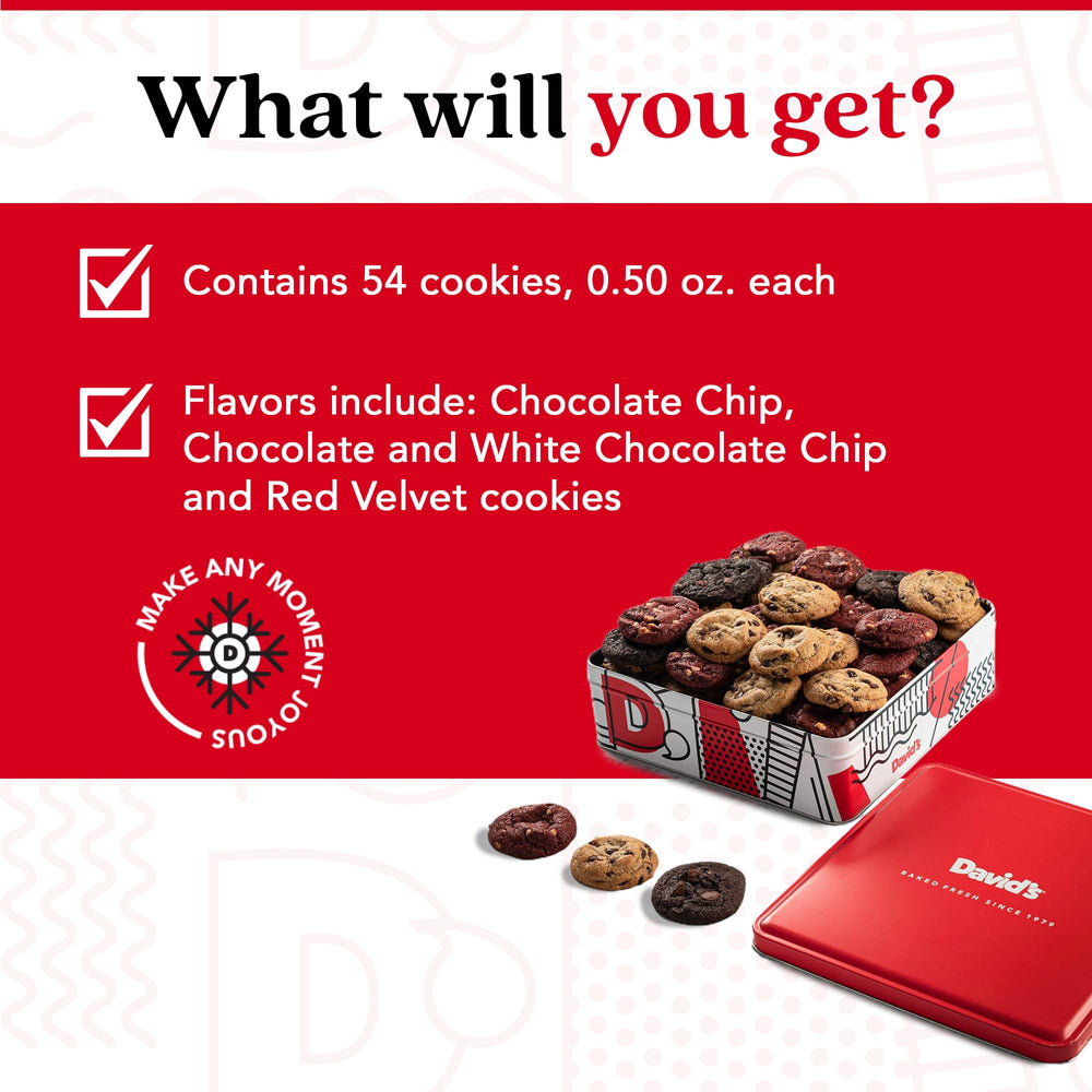 David's COOKIES open tin with assorted minis ready to serve for gatherings
