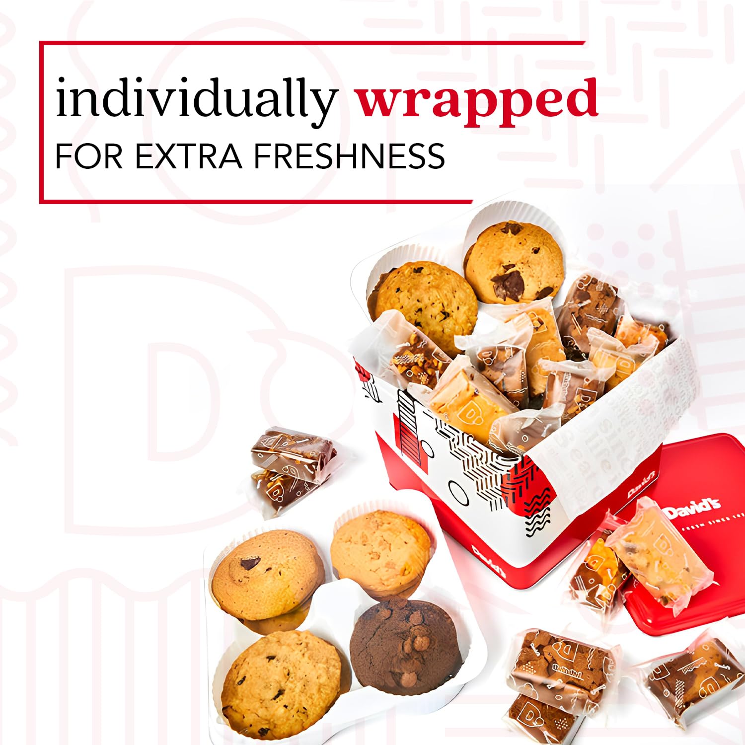 David's COOKIES opened tin displaying assorted cookies and brownies for sharing