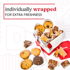 David's COOKIES opened tin displaying assorted cookies and brownies for sharing