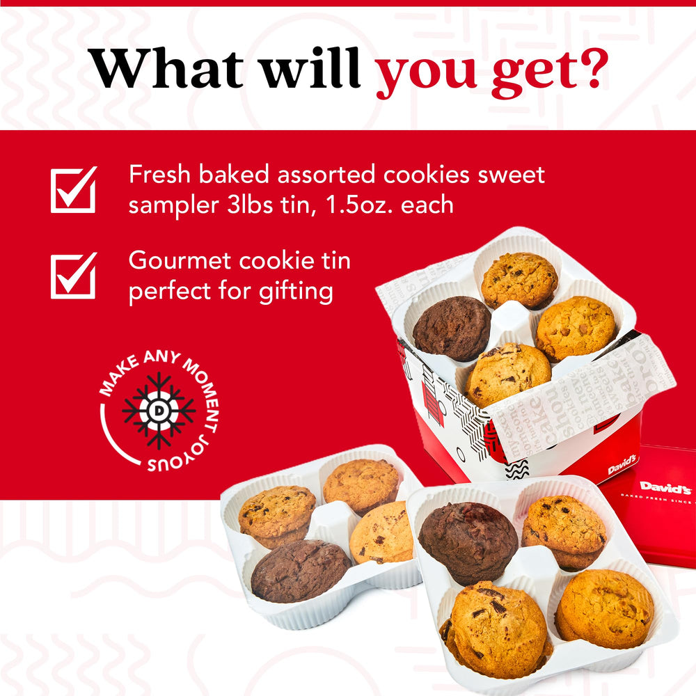 David's Cookies open tin top view revealing assorted cookie selection