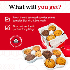 David's Cookies open tin top view revealing assorted cookie selection