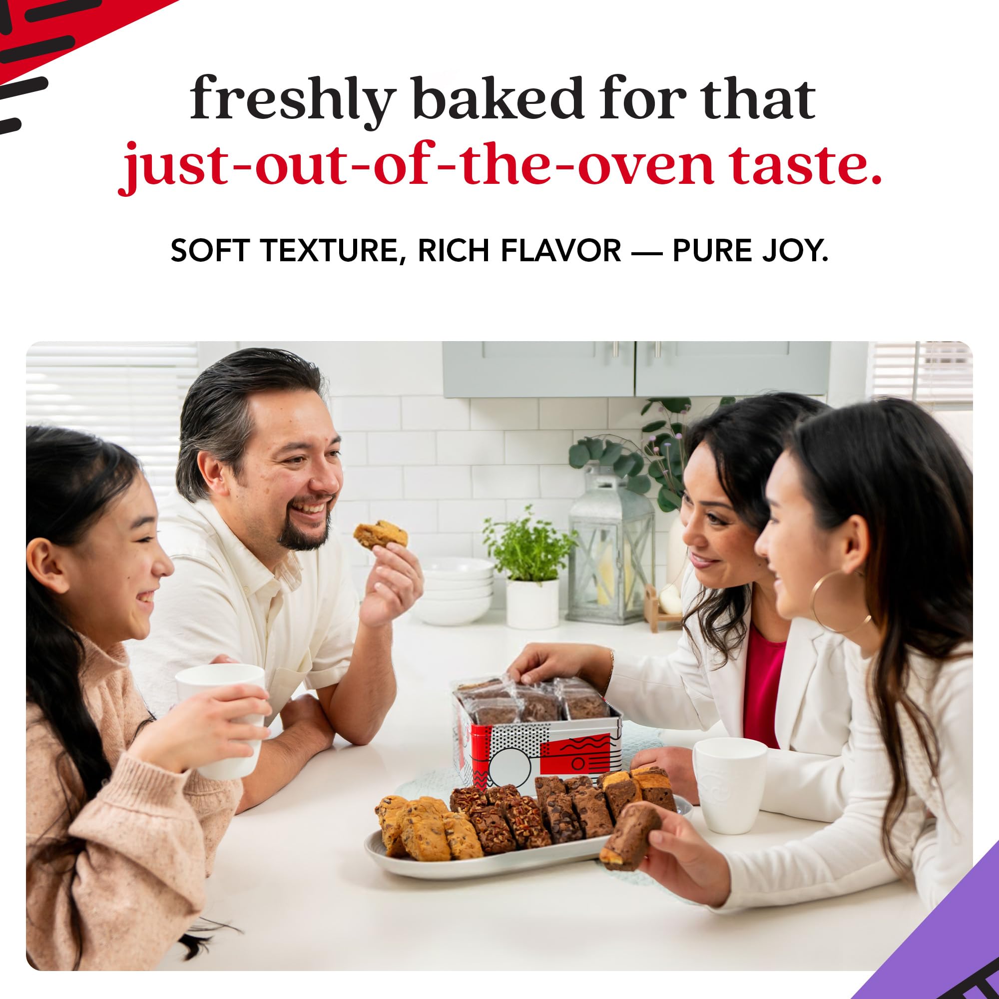 David's Cookies brownie tin held in hand to show scale and convenient gifting size