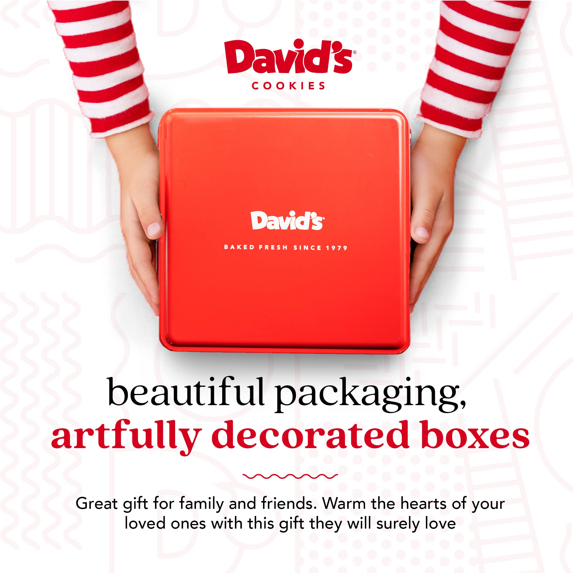 David's Cookies tin label and nutrition panel providing clear ingredient info
