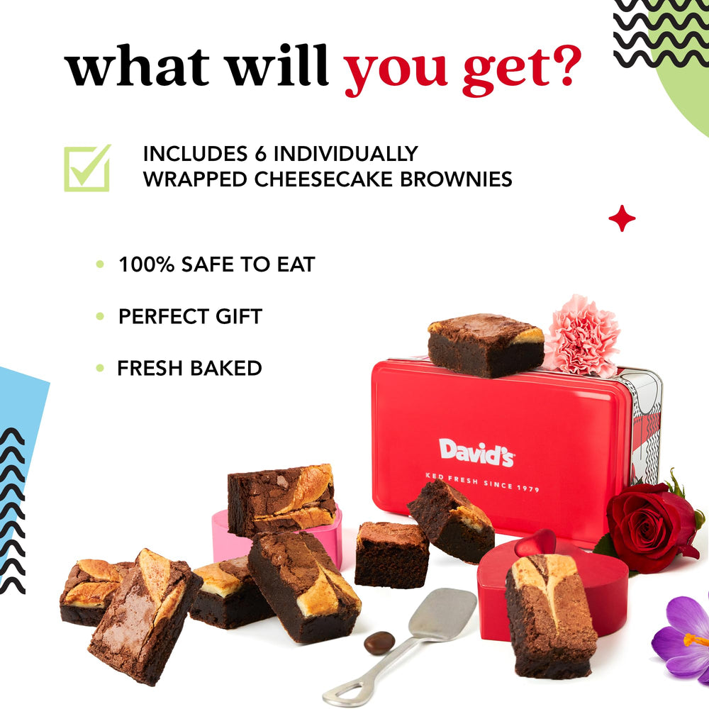 David's Cookies open tin with neatly arranged brownies ready to share