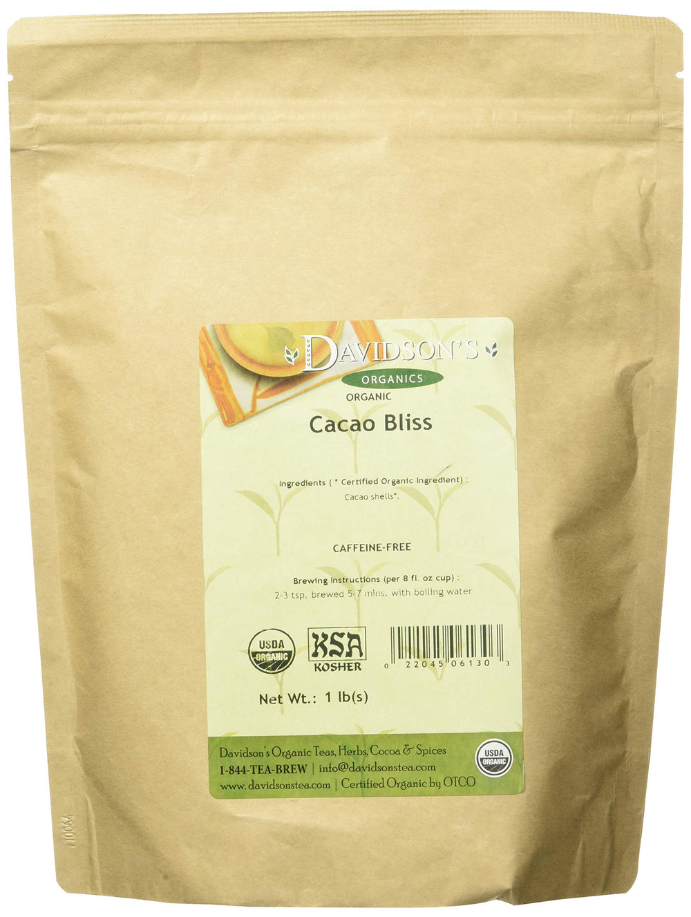 Davidson's front packaging of Cacao Bliss 16 oz showing organic label and bag