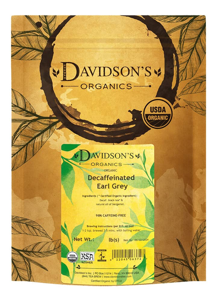 Davidson's front pouch packaging showing organic decaffeinated Earl Grey benefit freshness