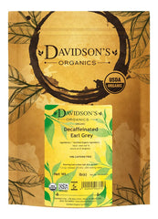 Davidson's front pouch packaging showing organic decaffeinated Earl Grey benefit freshness