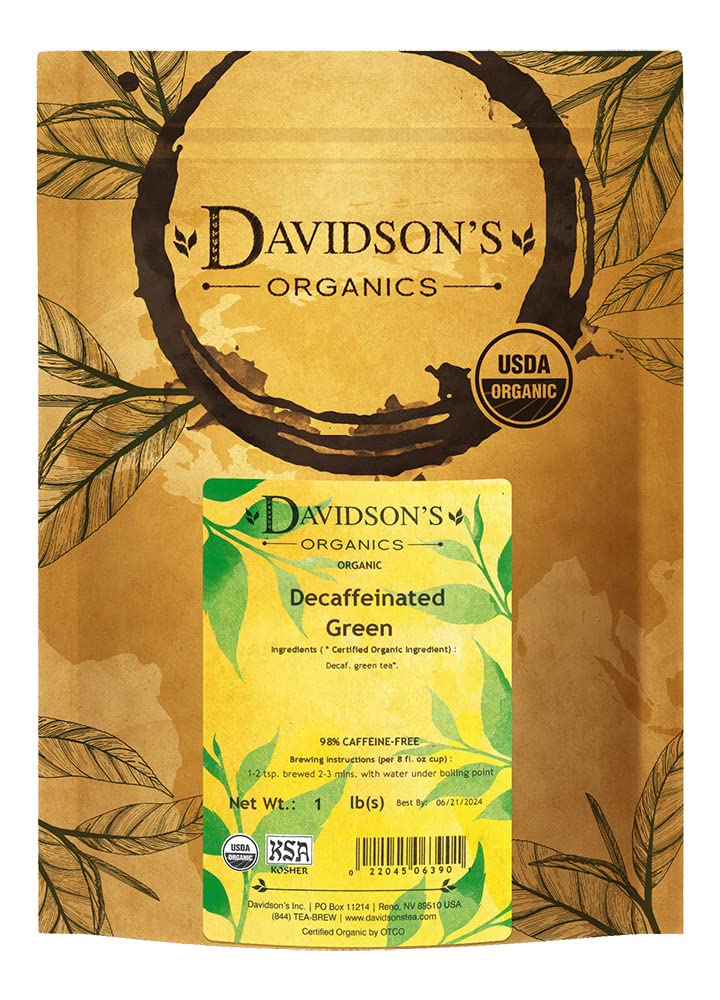 Davidson's decaf green front bag showing organic branding and clear packaging benefit