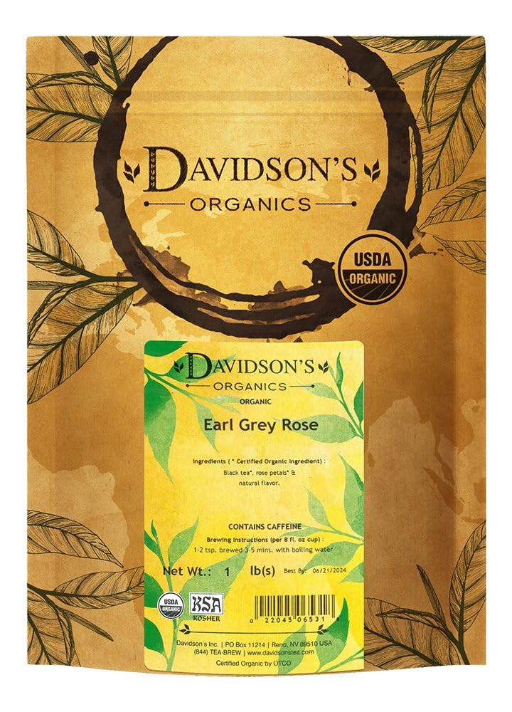 Davidson's Earl Grey Rose front packaging showing organic seal and 16-ounce bag benefit: clear labeling