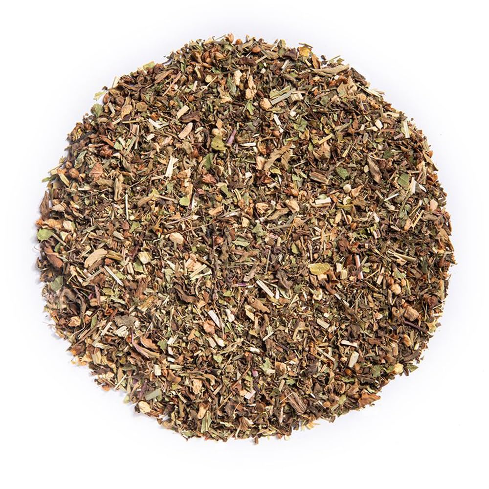 Davidson's loose-leaf blend close-up showing leaf texture and herbs, highlights freshness and aroma