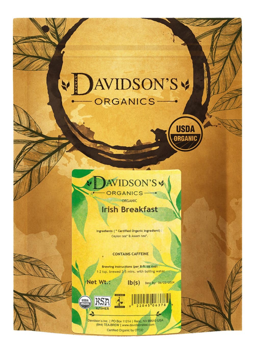 Davidson's front packaging showing 16 oz organic Irish Breakfast, clear labeling benefit