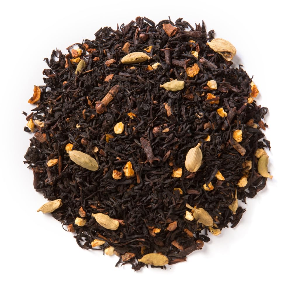 Davidson's mandarin chai loose leaf close-up revealing spice pieces and rich tea leaves