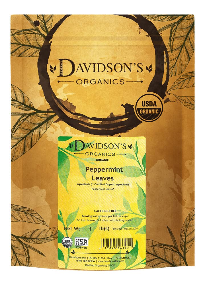 Davidson's front packaging 16 oz bag showing organic peppermint, clear benefit freshness retained