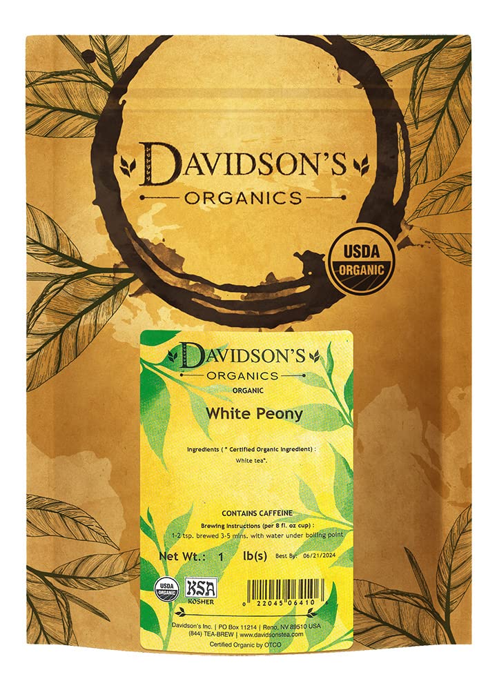 Davidson's white peony front bag showing organic 16-ounce packaging and benefits