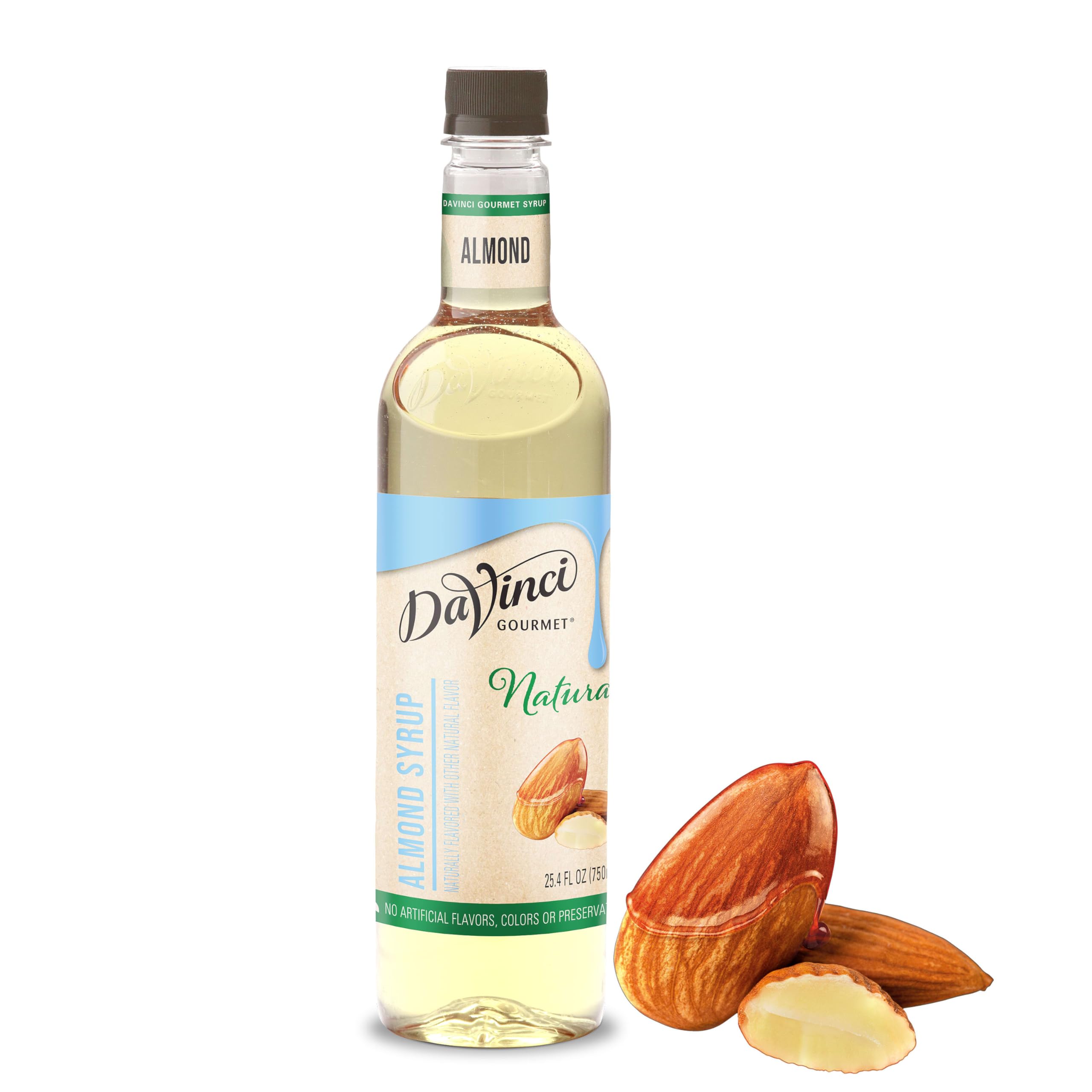 DaVinci Gourmet front label showing almond syrup identity and size benefit