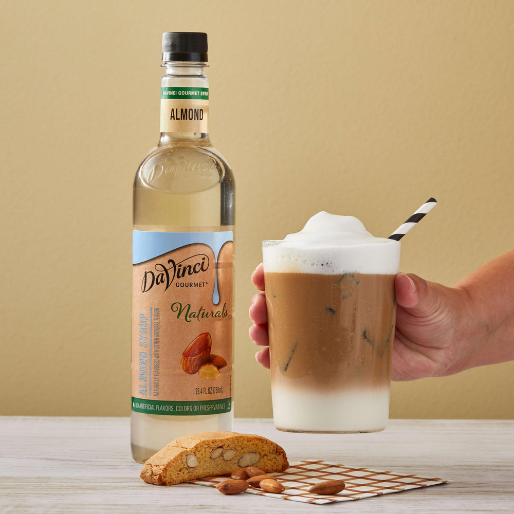 DaVinci Gourmet almond syrup in a kitchen setting demonstrating versatile use