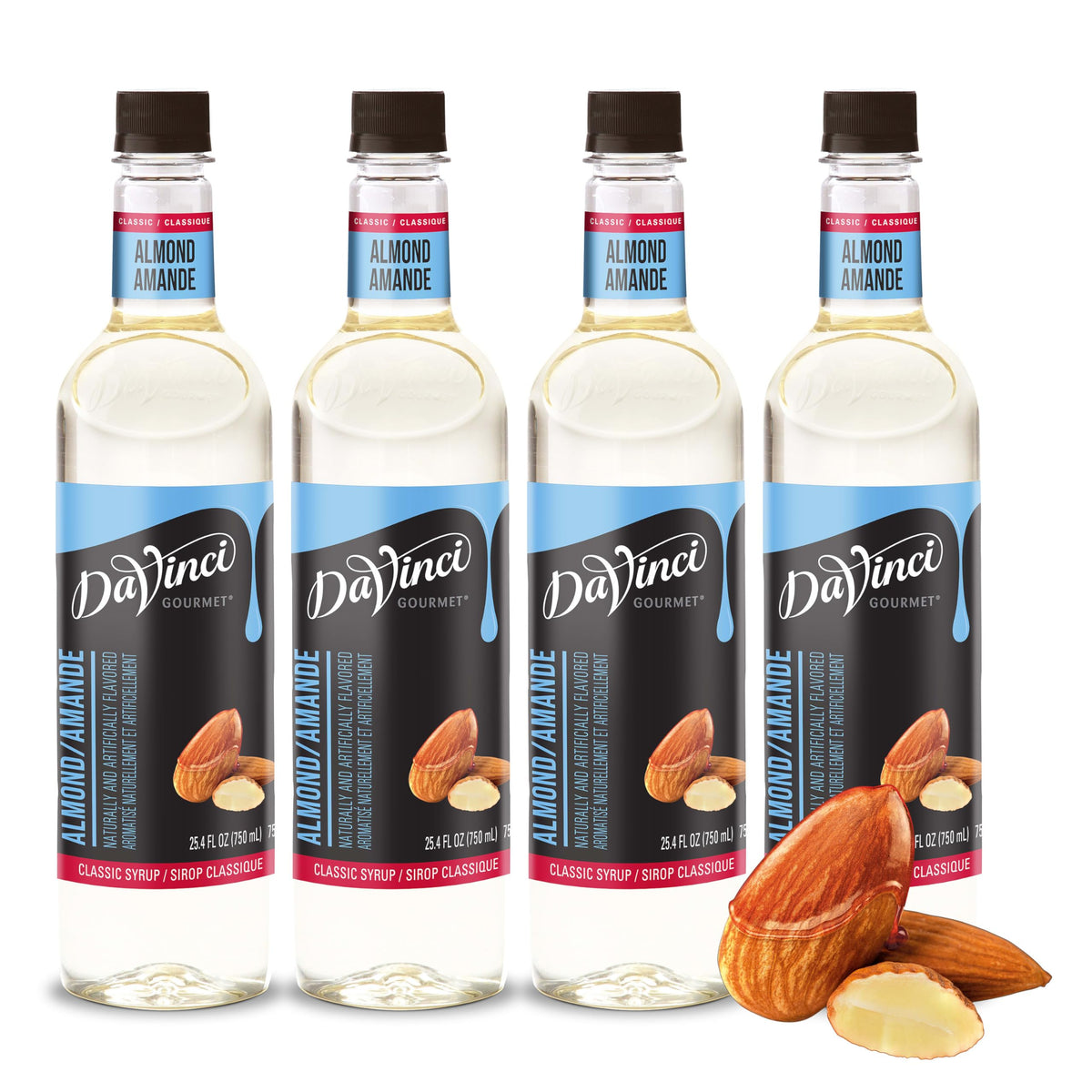 DaVinci Gourmet almond syrup front packaging showing bottle and label benefits