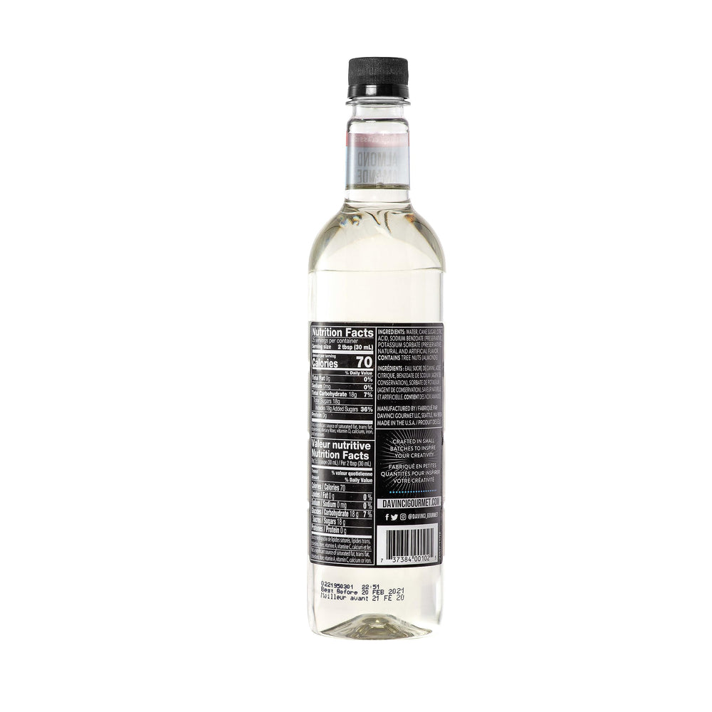 DaVinci Gourmet almond syrup being poured with steady stream for easy mixing