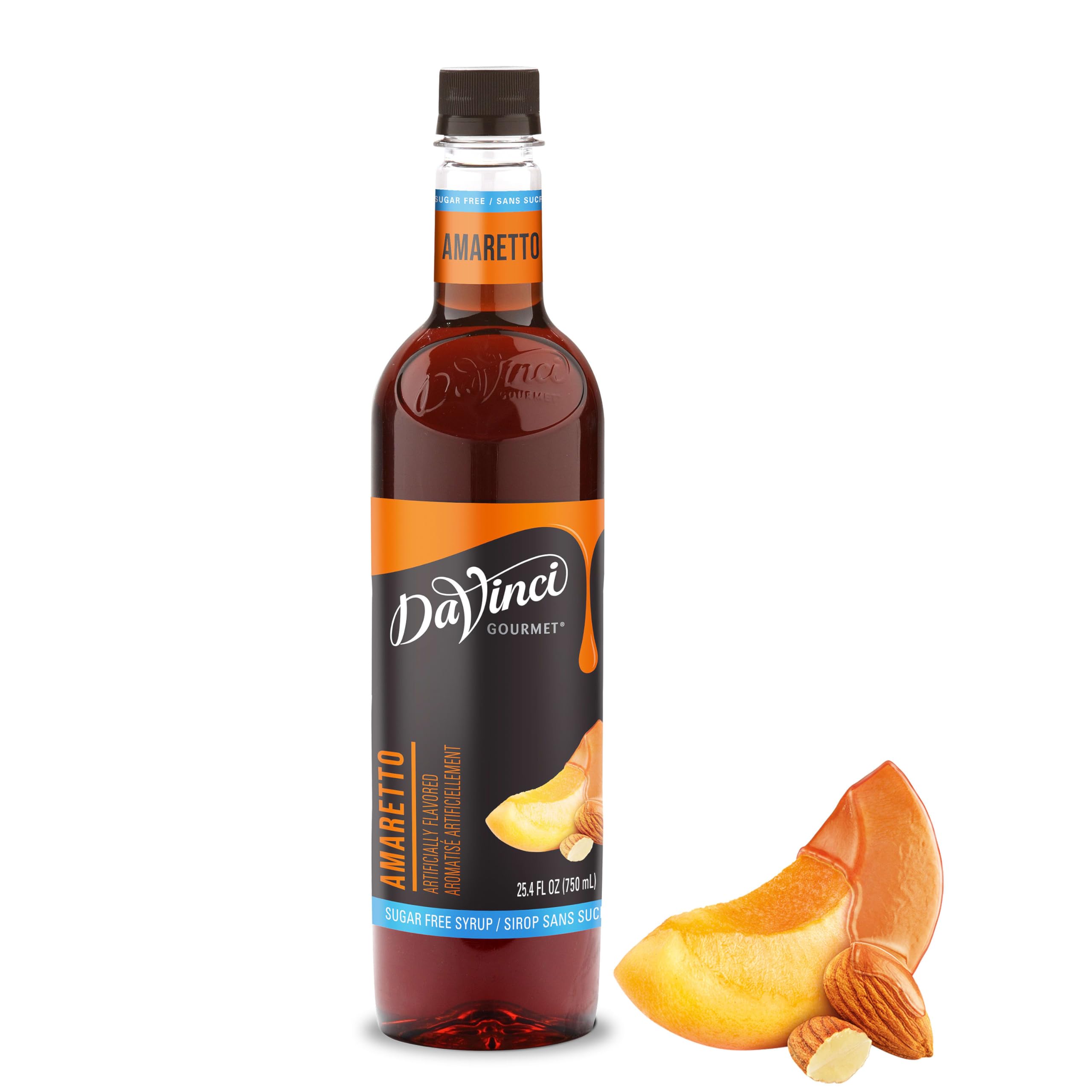 DaVinci Gourmet bottle front view showing sugar-free amaretto syrup convenience