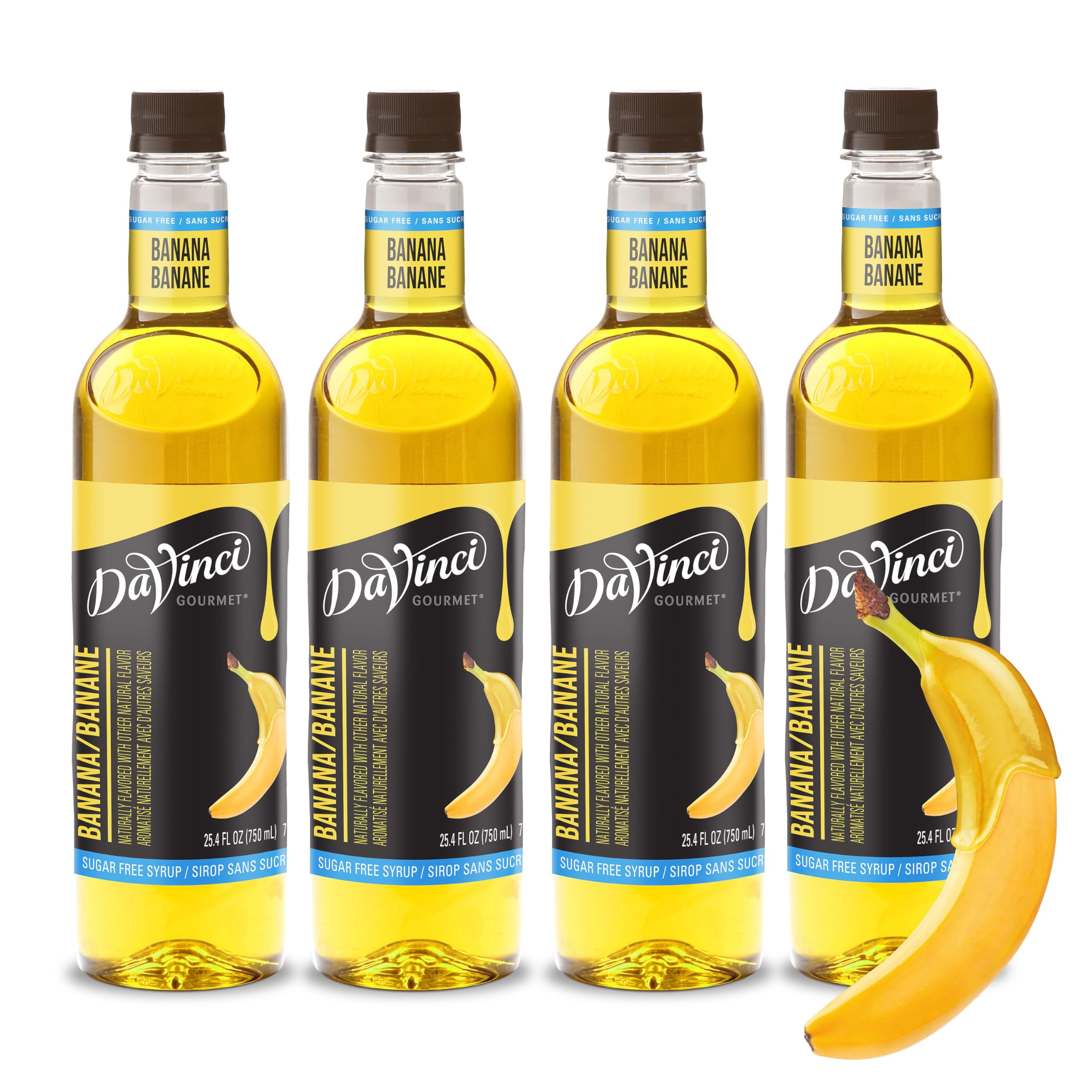 DaVinci Gourmet front label showing sugar-free banana flavor and benefit of clear identification