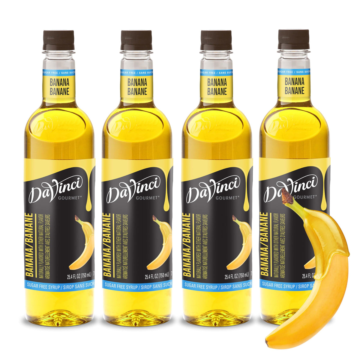 DaVinci Gourmet front label showing sugar-free banana flavor and benefit of clear identification