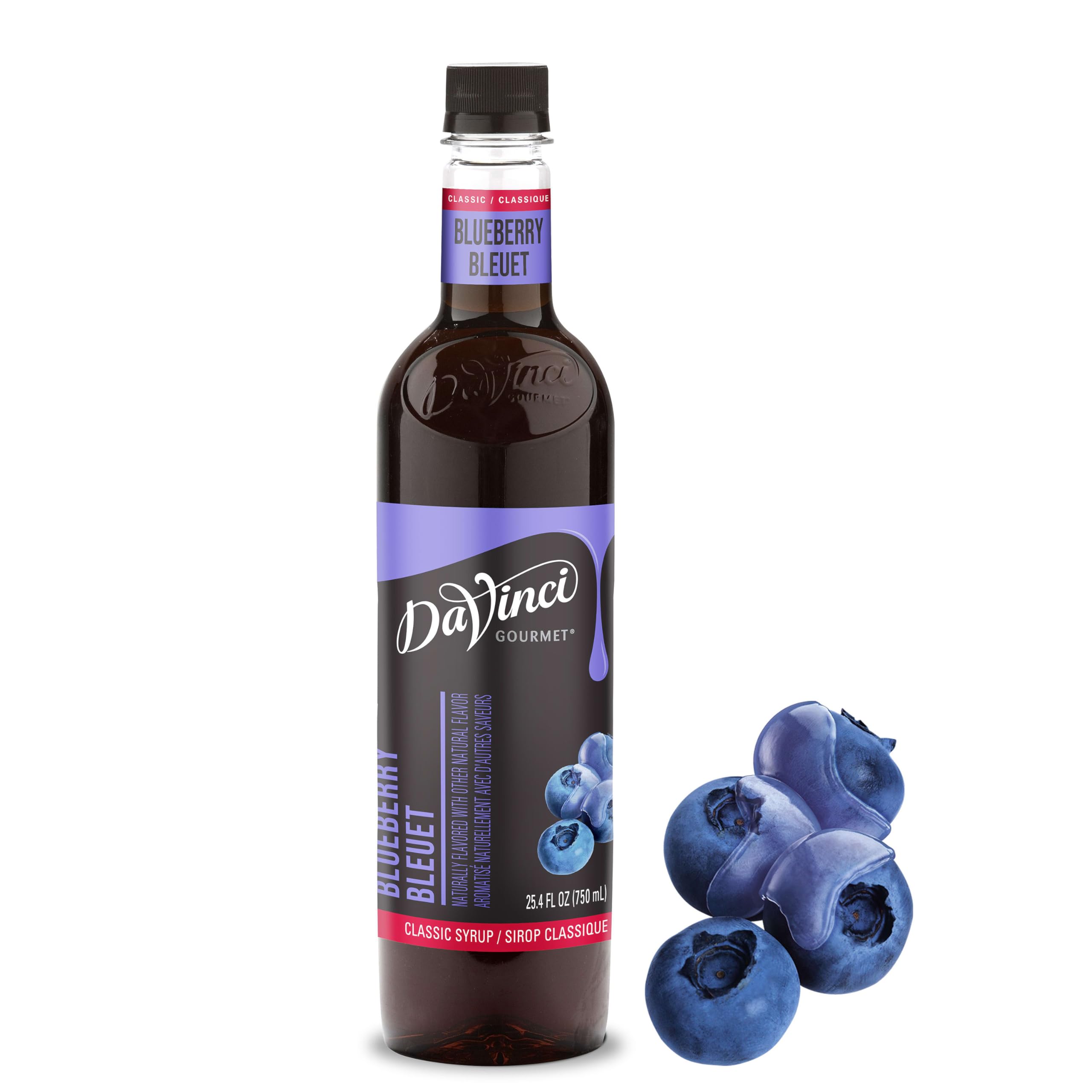 DaVinci Gourmet bottle front view showing branding and berry color benefit