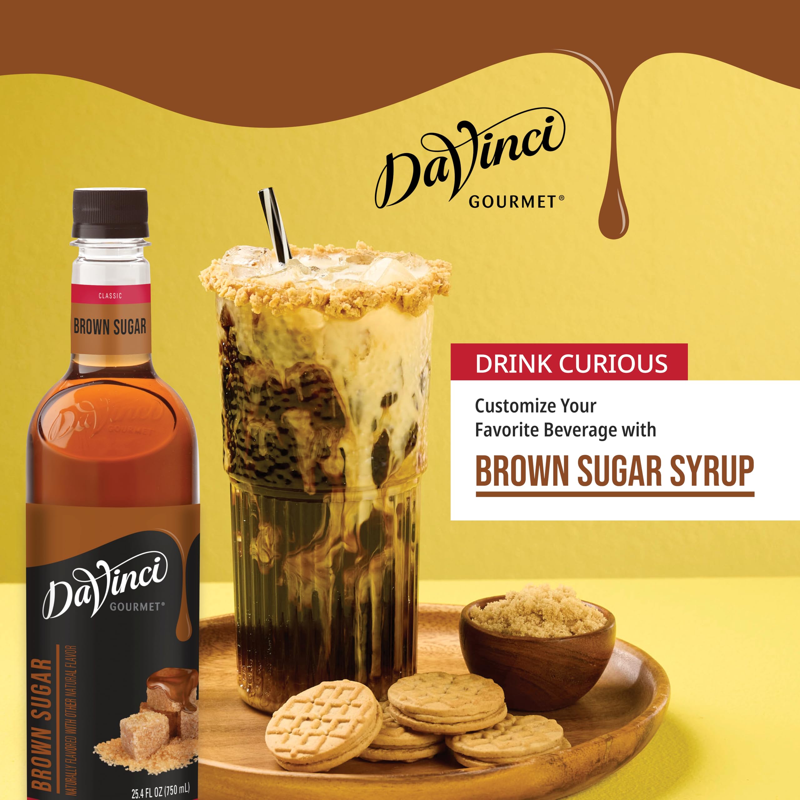 DaVinci Gourmet bottle beside measuring cup demonstrating 25.4oz scale benefit