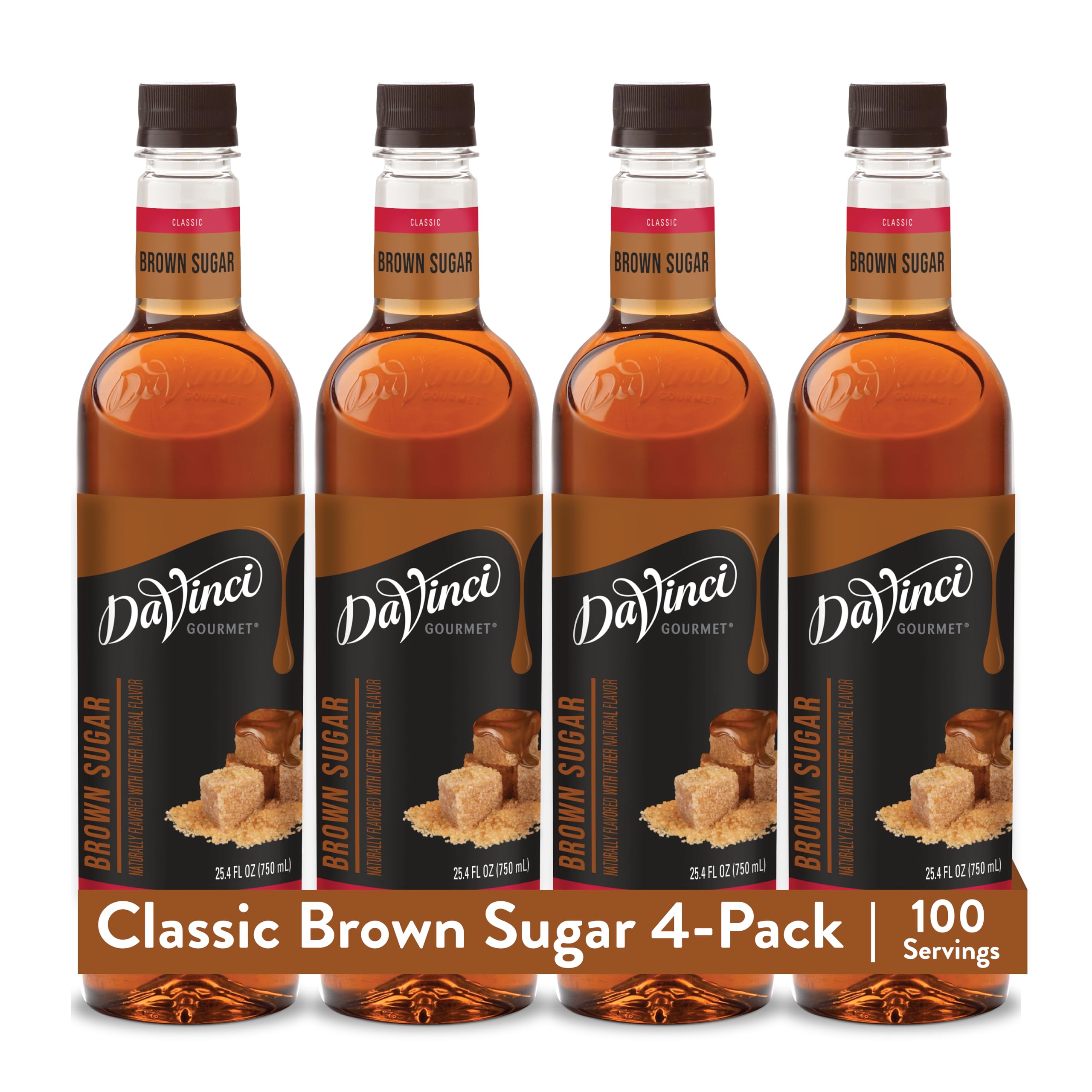 DaVinci Gourmet front label showing brown sugar syrup branding and size benefit