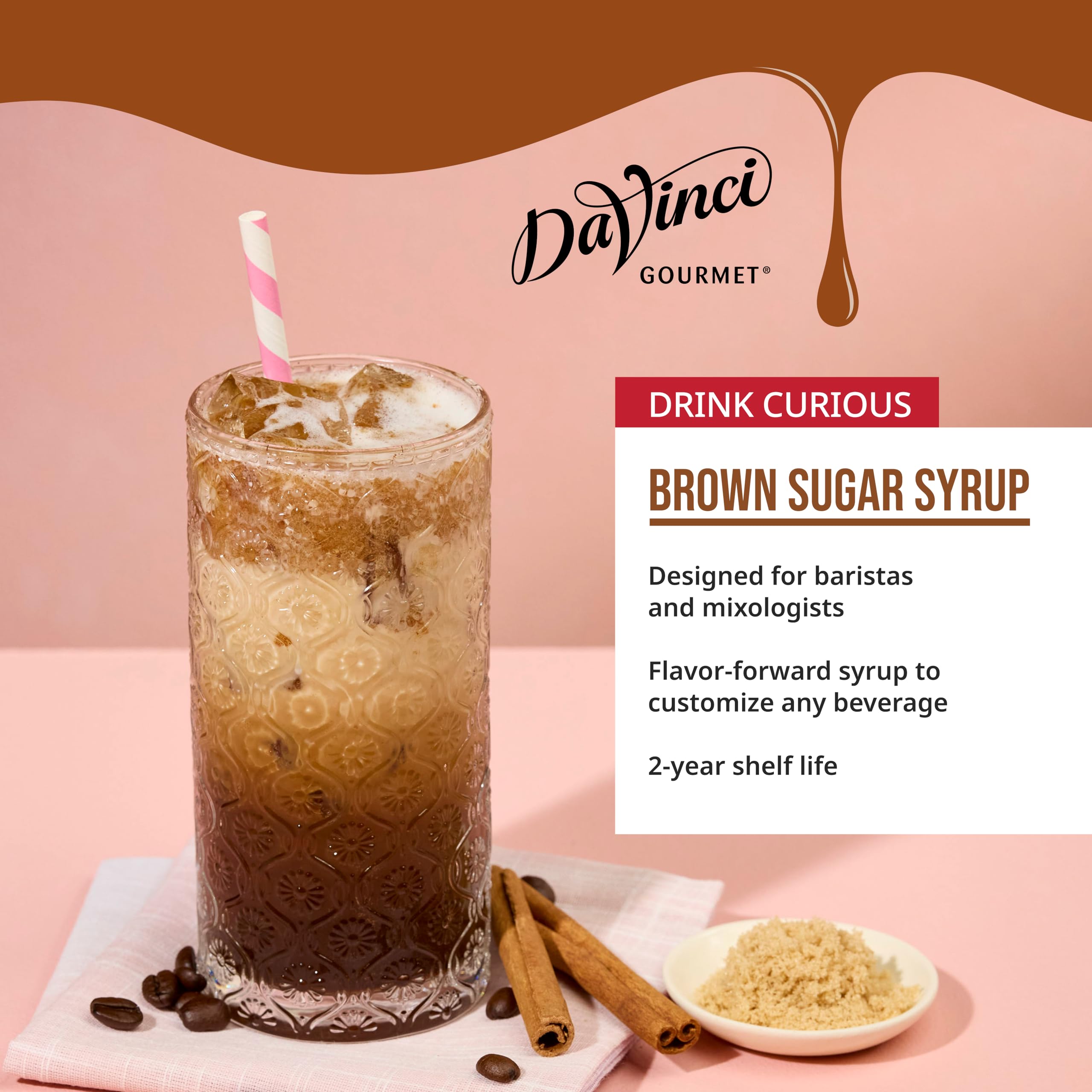 DaVinci Gourmet syrup mixed into iced latte showing enhanced caramel flavor benefit