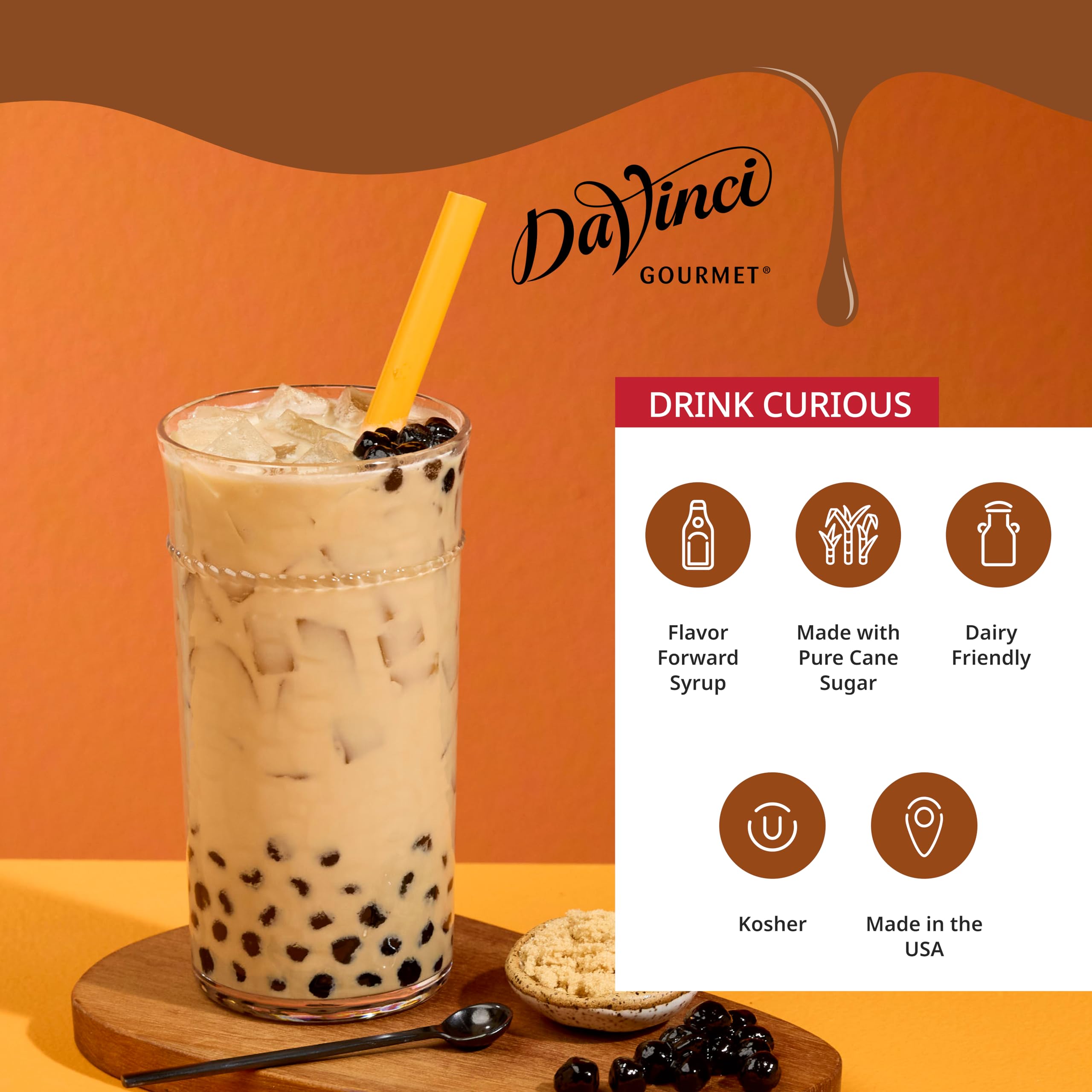 DaVinci Gourmet syrup pouring close-up highlighting smooth pour and even mixing benefit