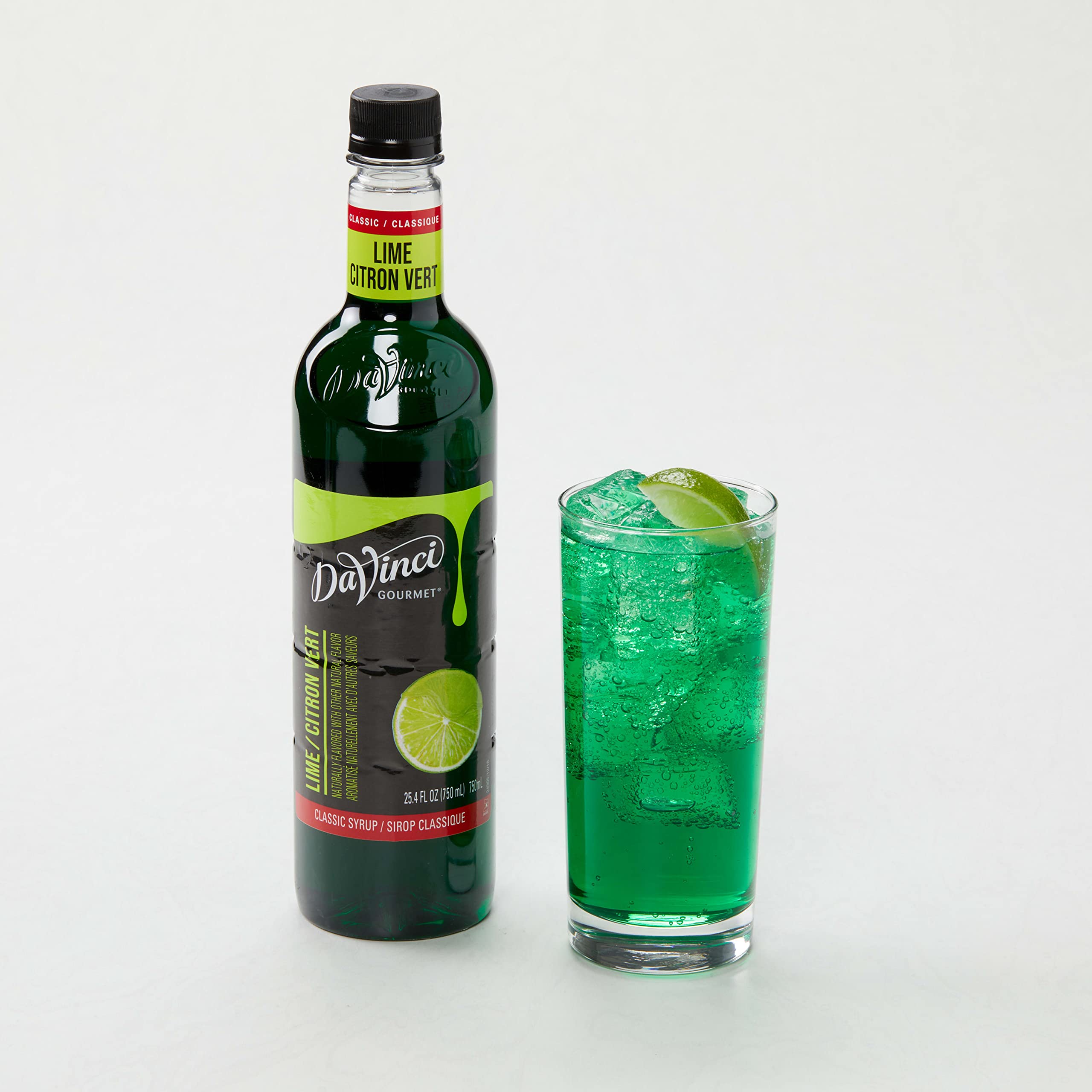 DaVinci Gourmet bottle beside a jigger showing measurement control and portioning benefit