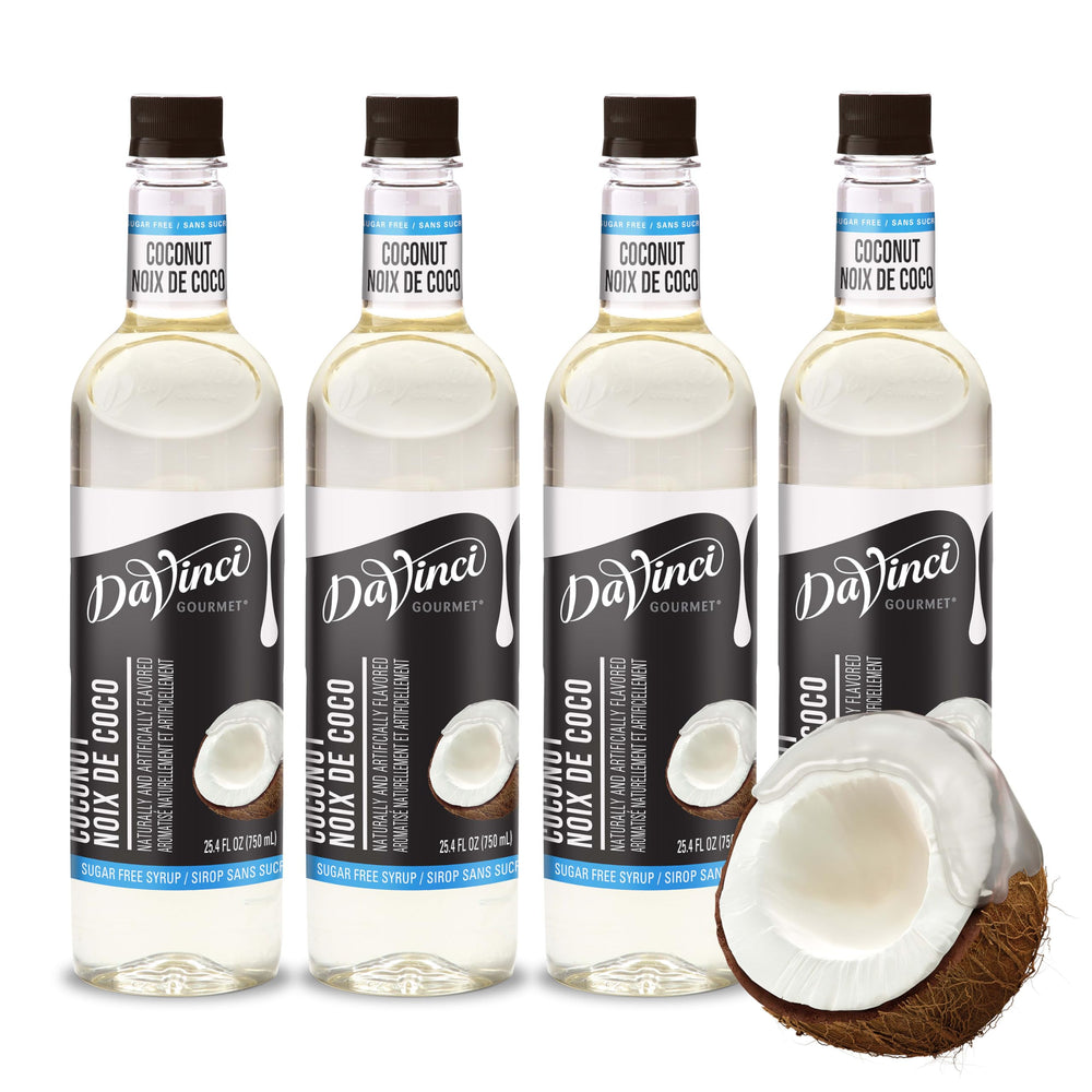 DaVinci Gourmet bottle front view showing coconut flavor and café-ready benefits