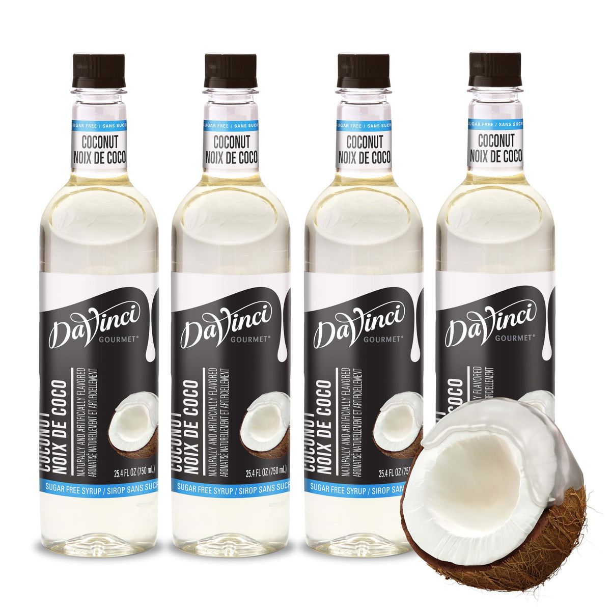 DaVinci Gourmet bottle front view showing coconut flavor and café-ready benefits