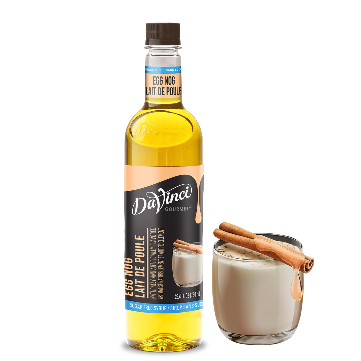 DaVinci Gourmet bottle front showing egg nog syrup and festive flavor benefits