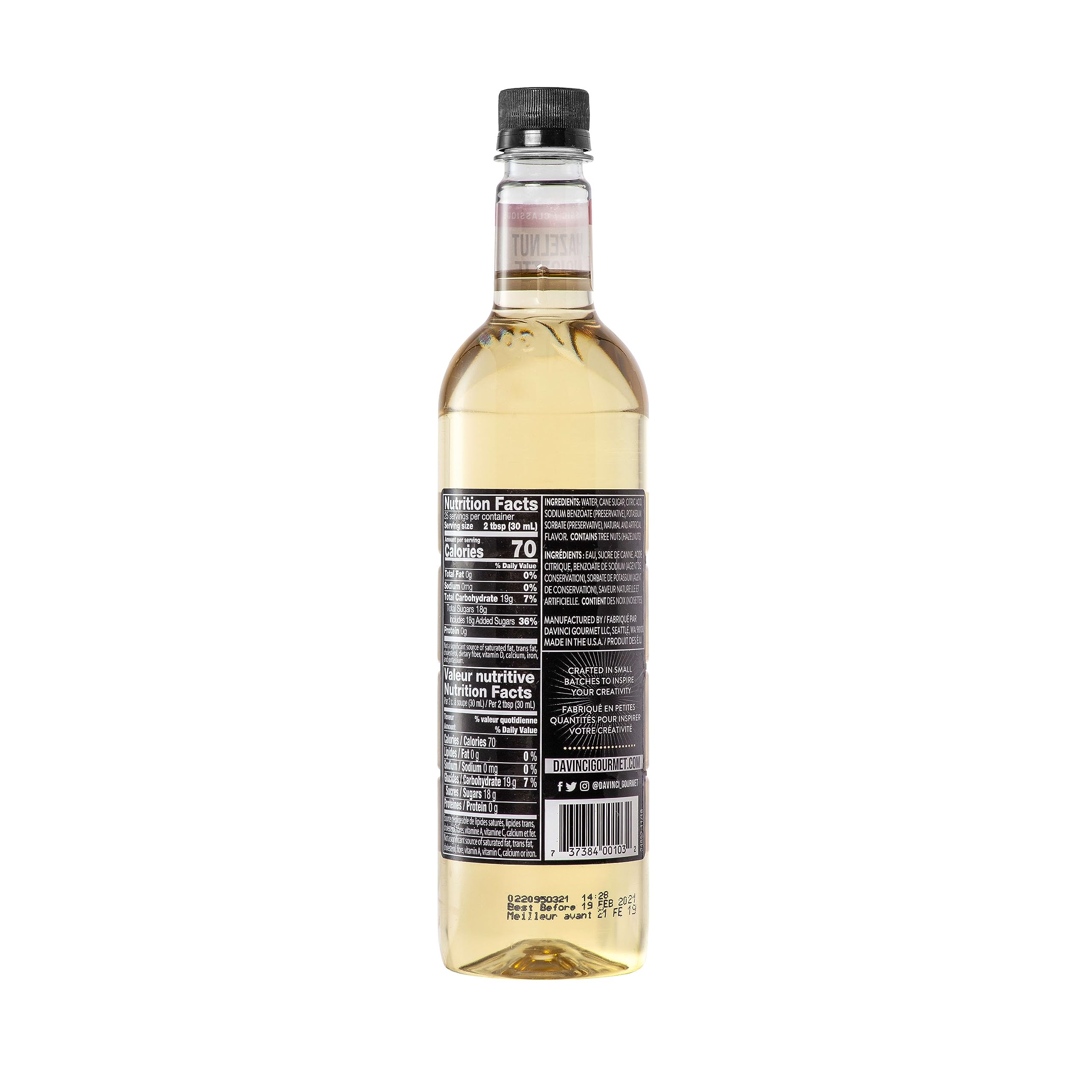DaVinci Gourmet label closeup highlighting ingredients and quality control