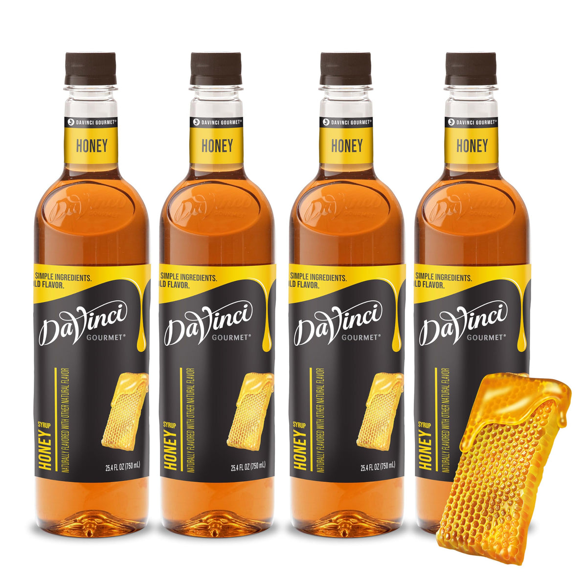 DaVinci Gourmet honey syrup front view showing bottle and clear label, highlights convenience