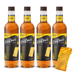 DaVinci Gourmet honey syrup front view showing bottle and clear label, highlights convenience