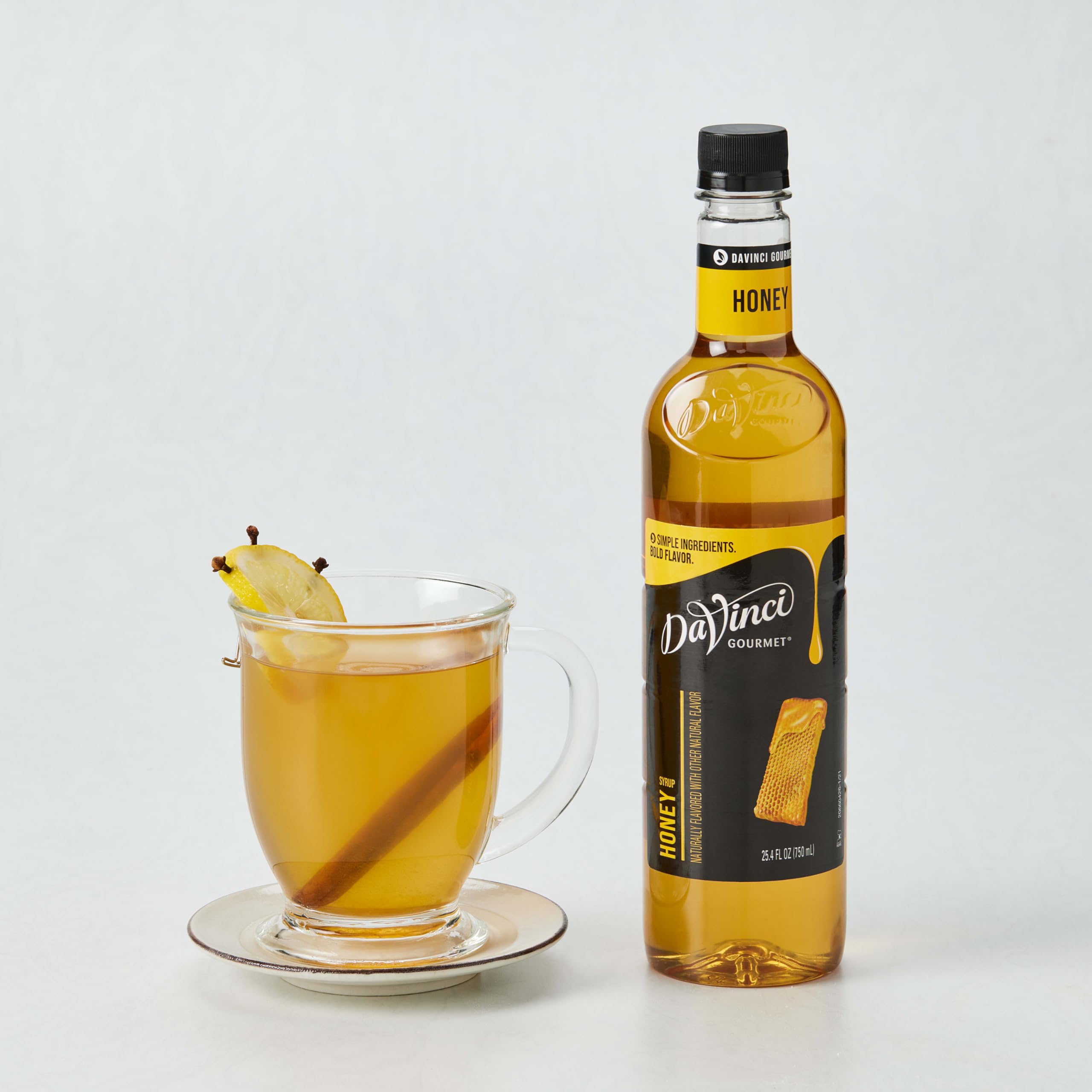 DaVinci Gourmet honey syrup beside kitchen scale, visualizes portion control and value