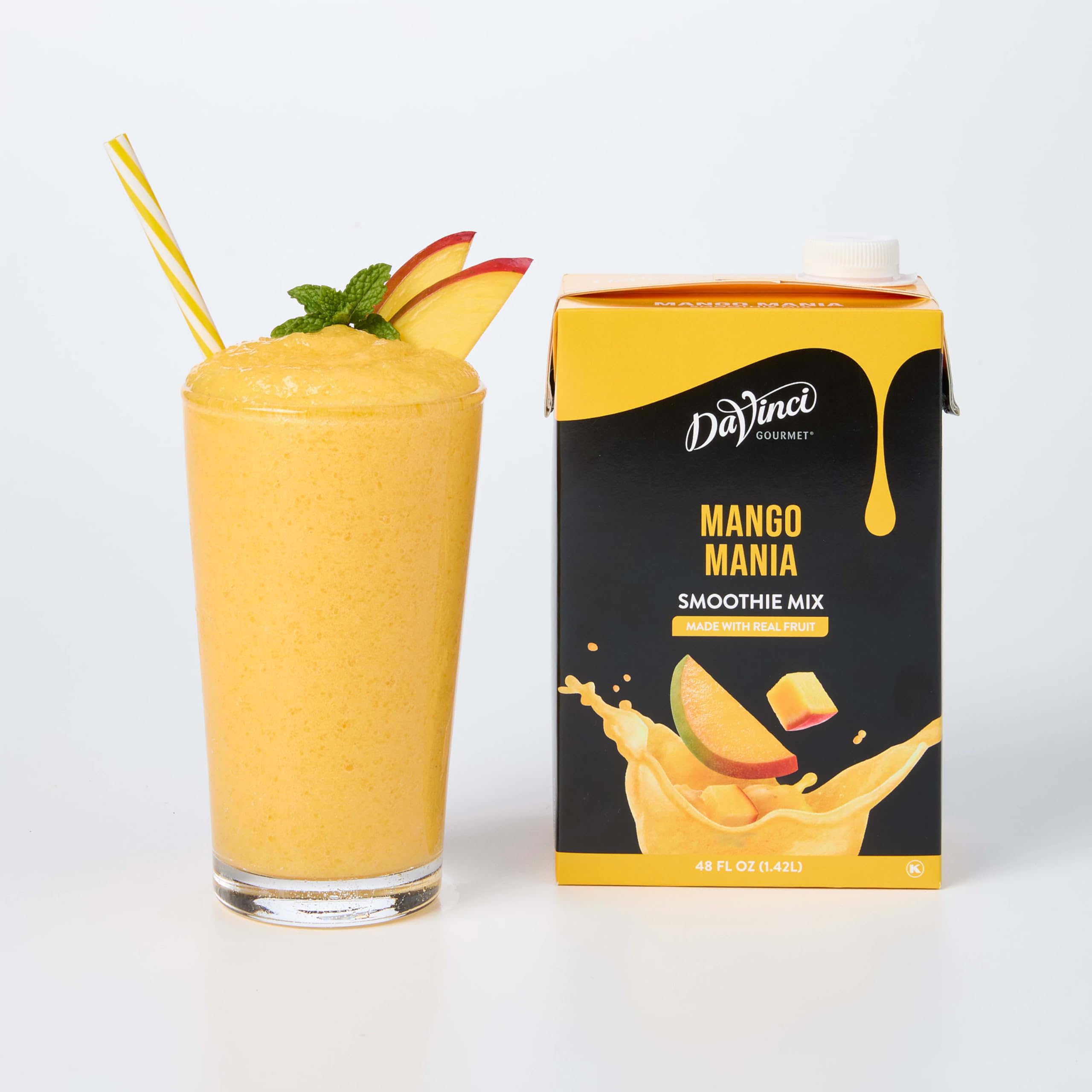 DaVinci Gourmet front packaging showing bold mango flavor and easy pour benefit