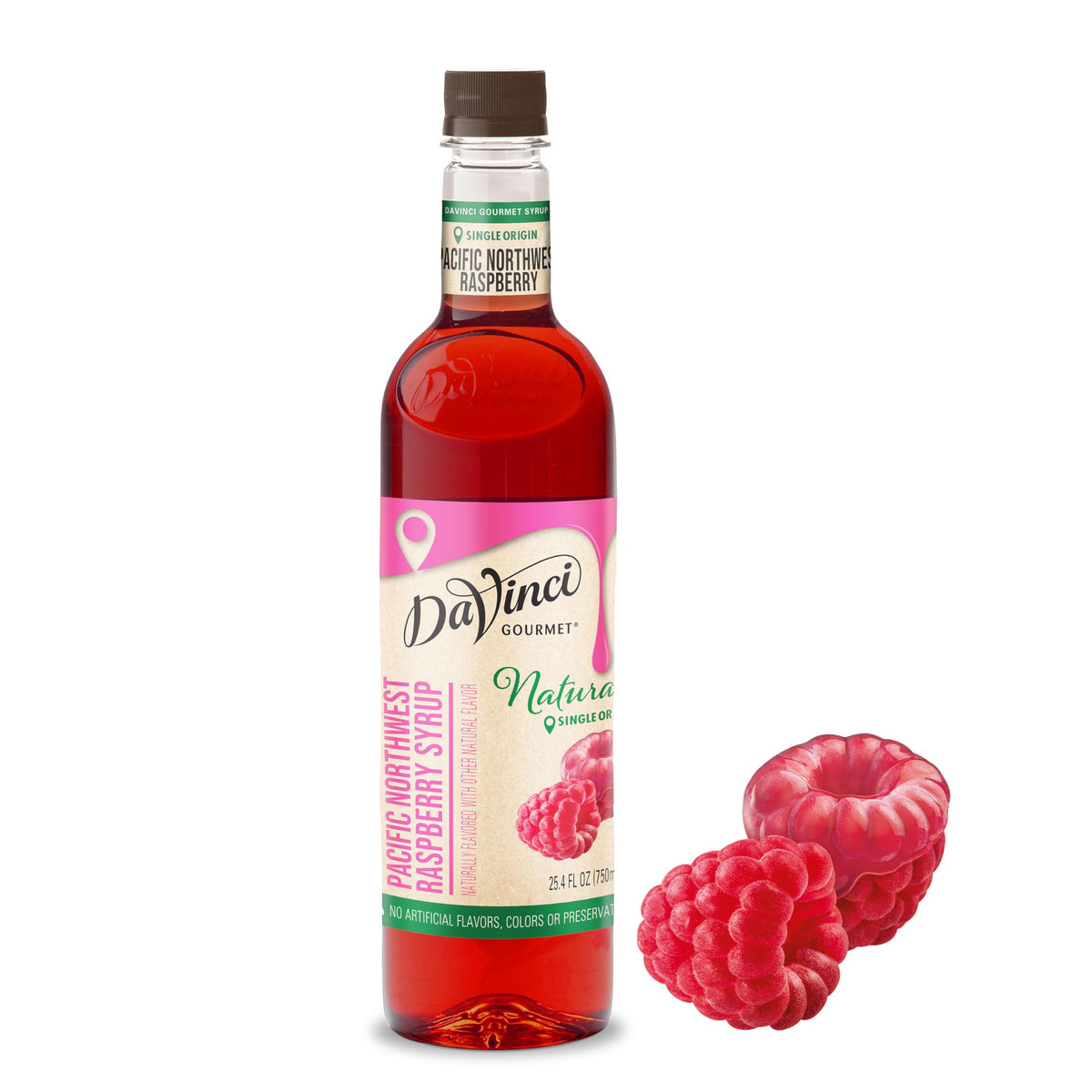 DaVinci Gourmet front bottle view showing Pacific Northwest Raspberry syrup and premium packaging