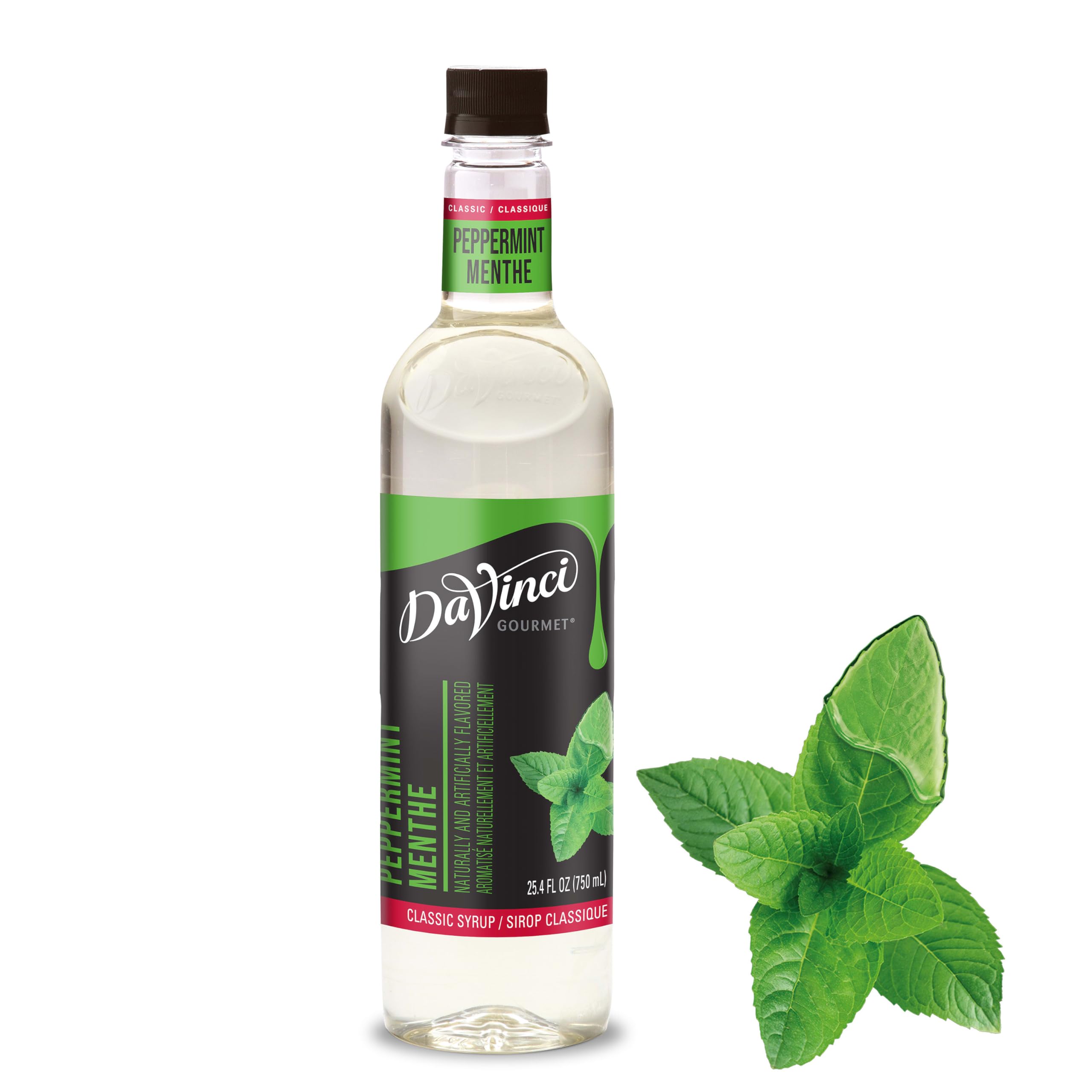 DaVinci Gourmet peppermint front packaging showing bottle and branding benefits quick flavoring