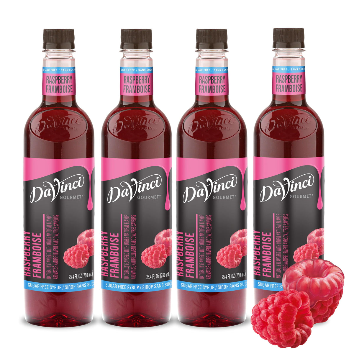 DaVinci Gourmet bottle front showing raspberry syrup and clear labeling for cafés