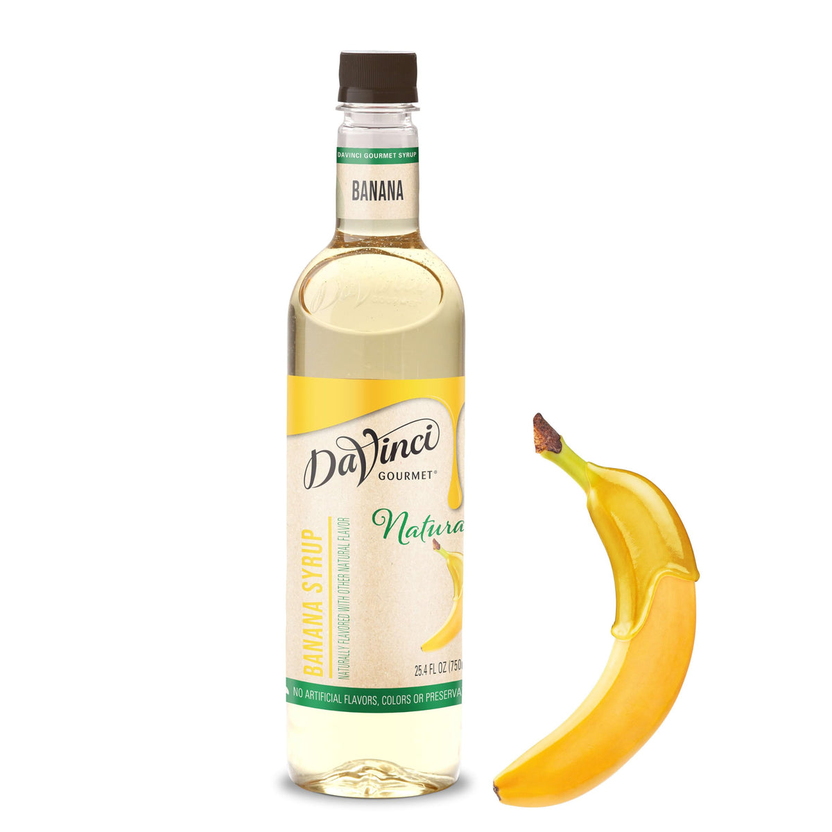 DaVinci Gourmet front label showing banana syrup and clear ingredient callout
