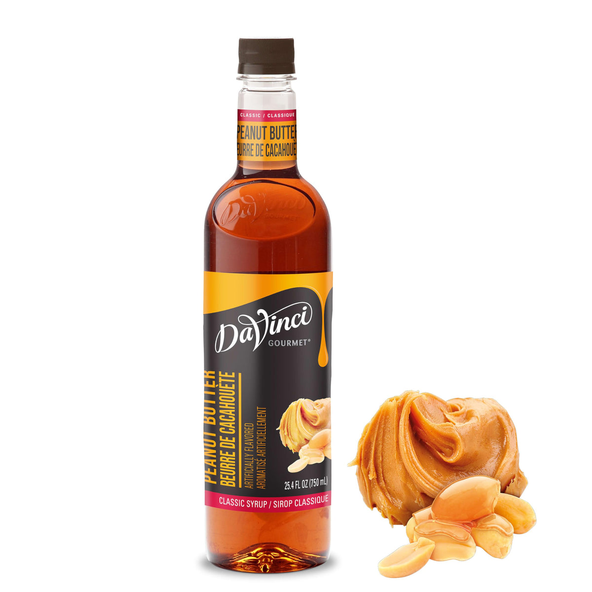DaVinci Gourmet bottle front showing peanut butter syrup and clear branding for versatile flavor