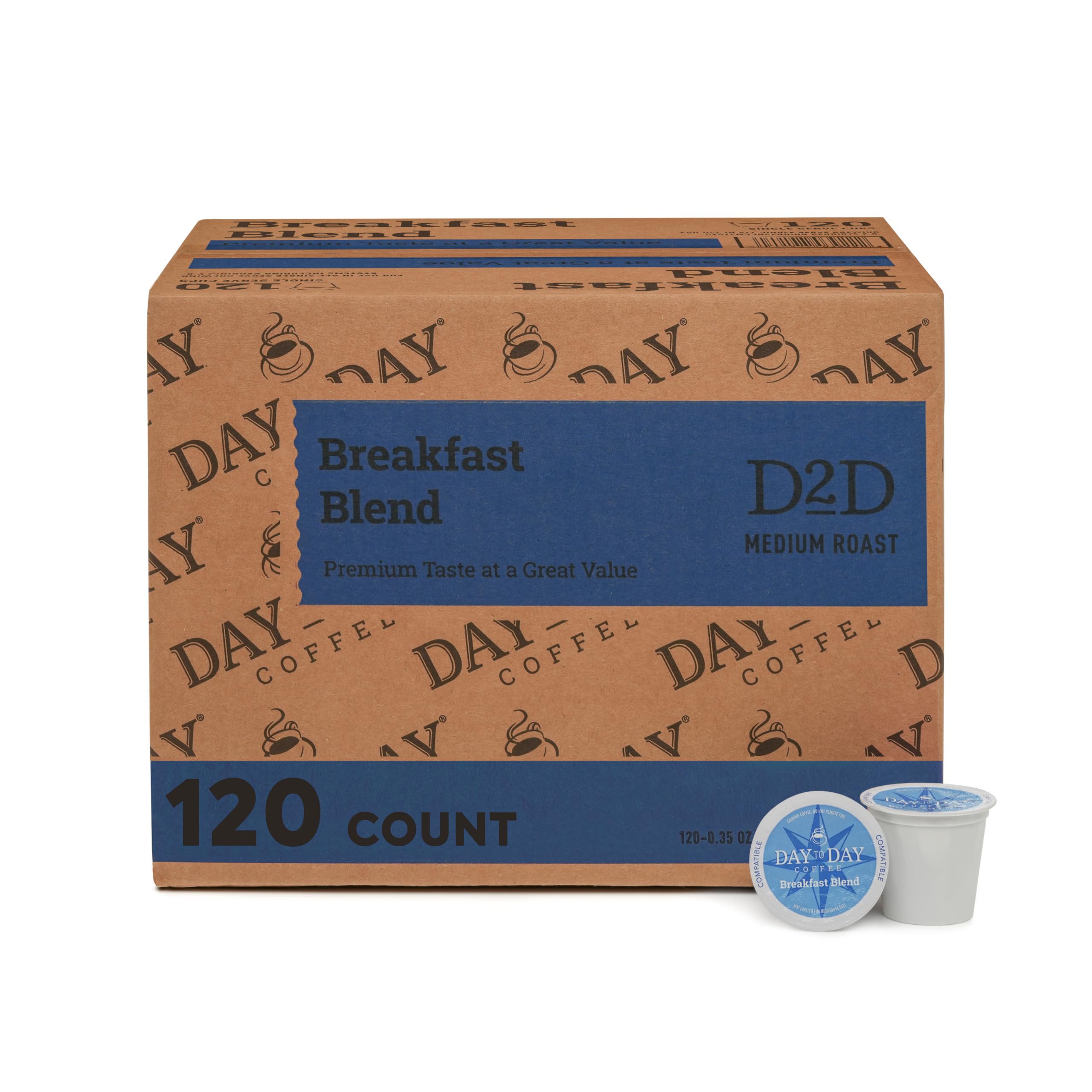 Day To Day Coffee front packaging showing 120-count box and balanced medium roast benefit
